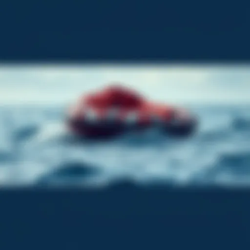A deflated life raft floating in the ocean, surrounded by waves