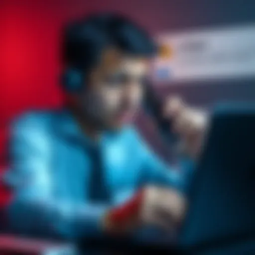 A worried person talking on the phone, looking concerned about a scam call from a fake Ledger representative, with a laptop showing security warnings in the background.