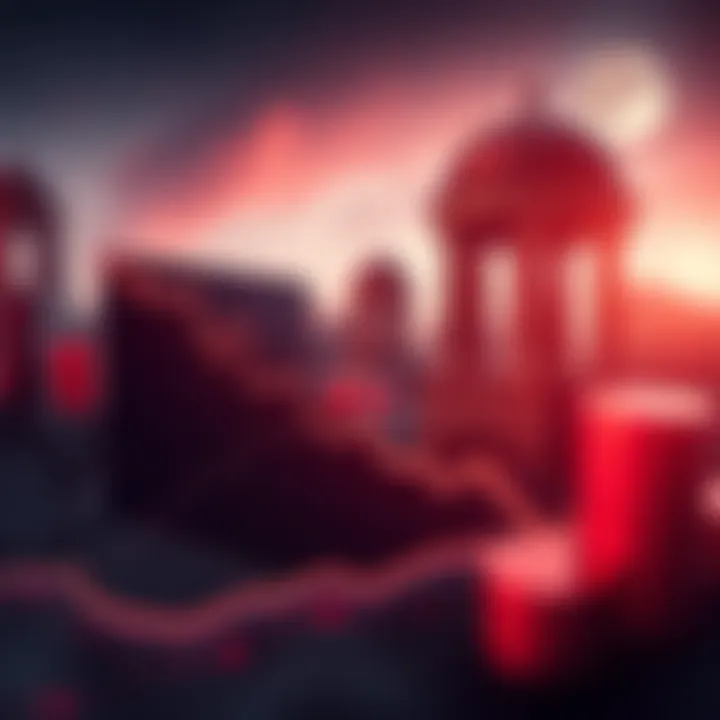 A graph showing a steep decline in home prices, indicating a 50% drop, with symbols of national debt in the background.