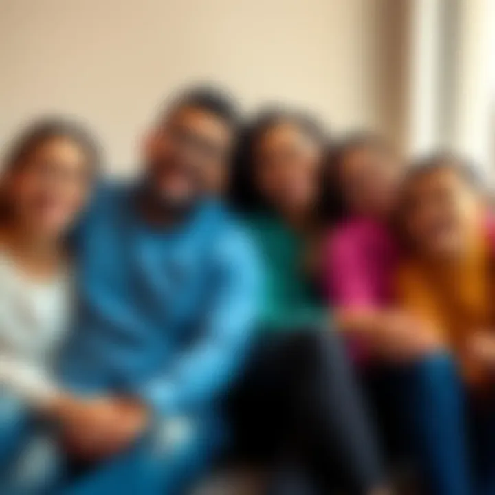 A diverse group of family members sitting together, smiling and sharing a moment of joy, symbolizing healing and connection through cryptocurrency.