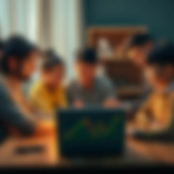 A family gathered around a table, talking about Bitcoin investments with a laptop open showing cryptocurrency graphs.