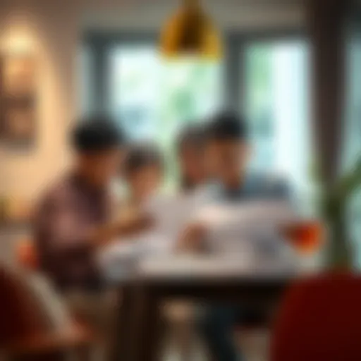 A family in Jakarta sitting at a table, reviewing papers related to their house inheritance while discussing financial strategies, looking focused and engaged.