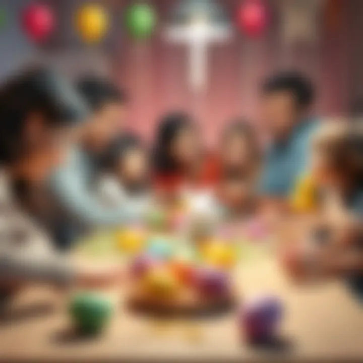 A cheerful family gathered around an Easter table, enjoying festive decorations, colorful eggs, and treats.