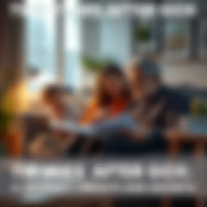 Family and Investments A person reviewing financial documents with family in a cozy home setting, reflecting on investments and life choices after Gox payouts.