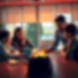 A family gathered around a table discussing plans for Bitcoin inheritance, with a laptop open displaying a Bitcoin wallet.