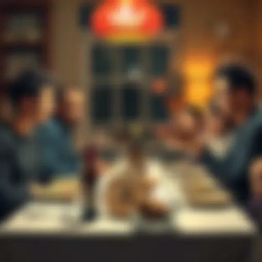 A family sitting around a dinner table, looking confused while talking about Bitcoin, with one person humorously showing a hardware wallet.