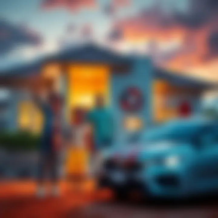 A joyful family stands in front of their new home in Africa, showcasing a car parked nearby, symbolizing financial success through Bitcoin use.