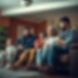 A family of four sitting on a couch in their living room, looking concerned and talking to each other about their day.