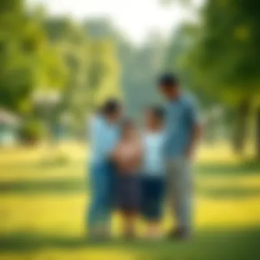 A family of three stands together in a green park, discussing their plans for a new, sustainable lifestyle outside Jakarta.