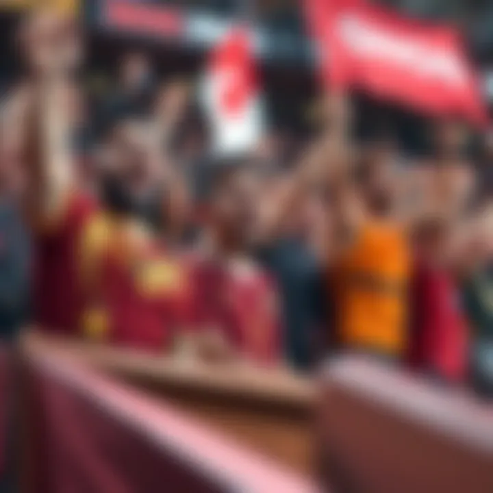 A group of passionate sports fans wearing team jerseys and holding banners, celebrating during a game.