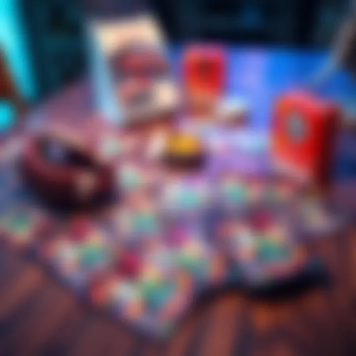 Colorful fantasy football cards spread on a wooden table, showcasing different players and statistics.