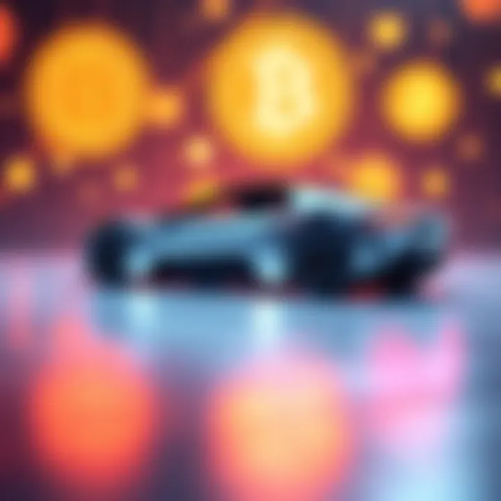 A sleek electric vehicle with digital currency symbols, showcasing Faraday Future's new crypto initiative in the background.