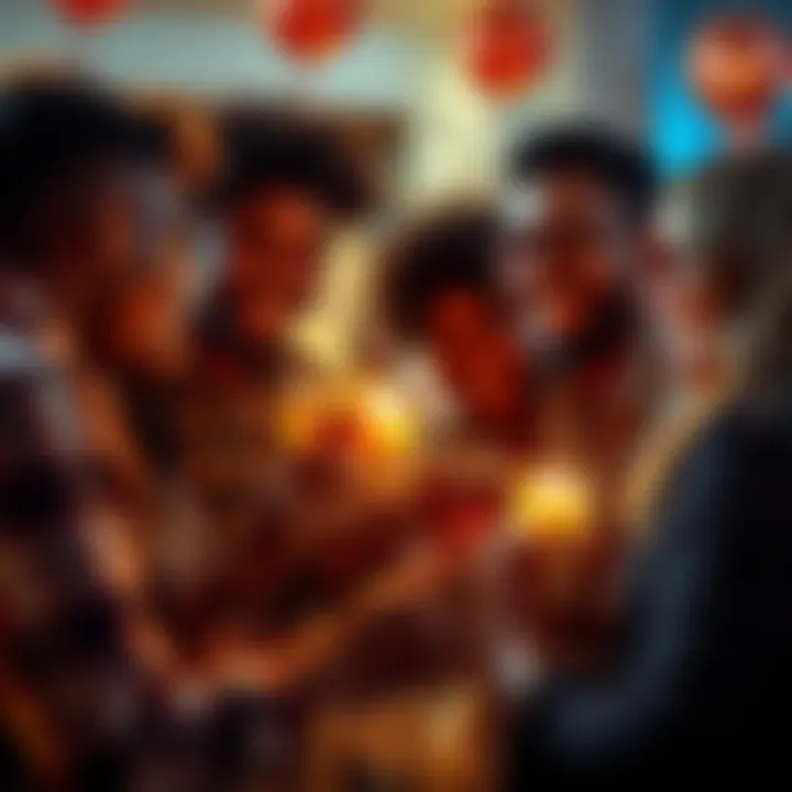 A group of friends sharing memories during a farewell celebration, smiling and looking nostalgic.
