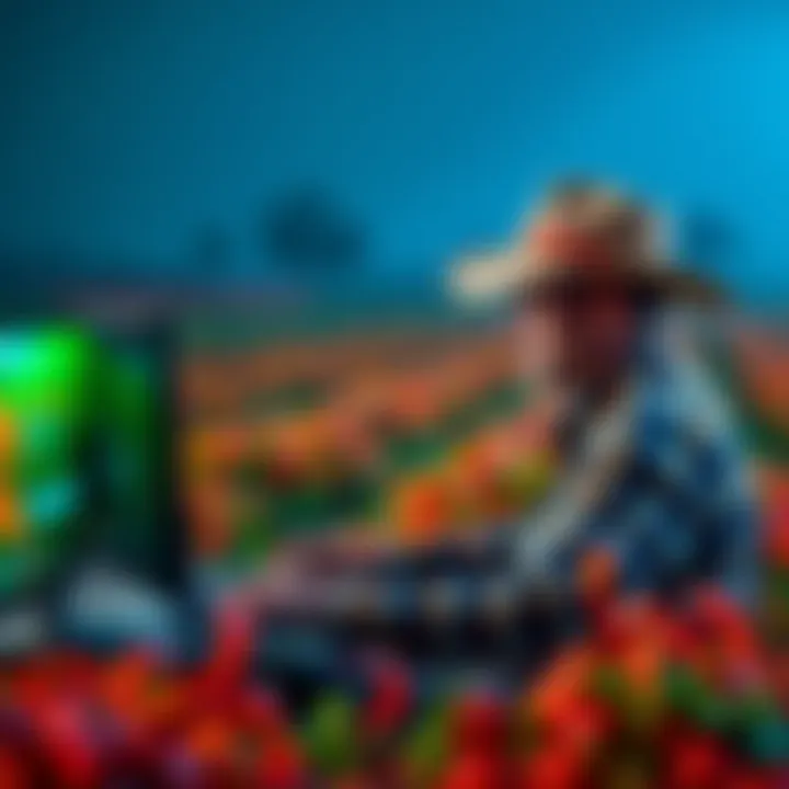 A farmer at a computer updating software for improved security and performance ahead of a deadline.