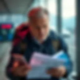 A father looks upset while holding travel documents and a phone, representing his canceled trip to Spain due to insurance issues.