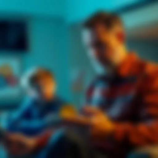 A concerned son looks on as his father excitedly prepares to invest their life savings in a cryptocurrency venture, guided by advice from a financial influencer.