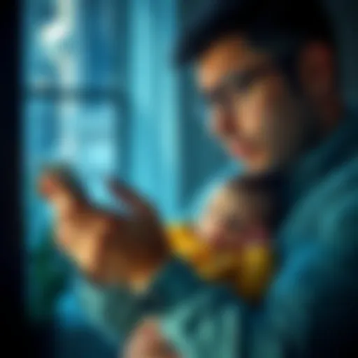 Father in financial distress A worried father holding his baby, looking at a frozen bank account on a phone, depicting the struggle to secure funds for his child's needs.