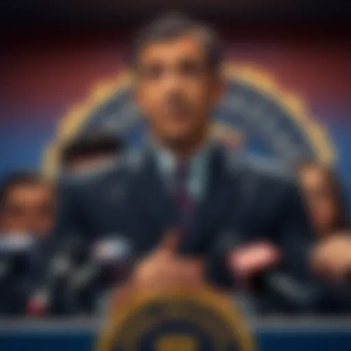 FBI Director Kash Patel speaking at a press conference, facing reporters with a concerned expression