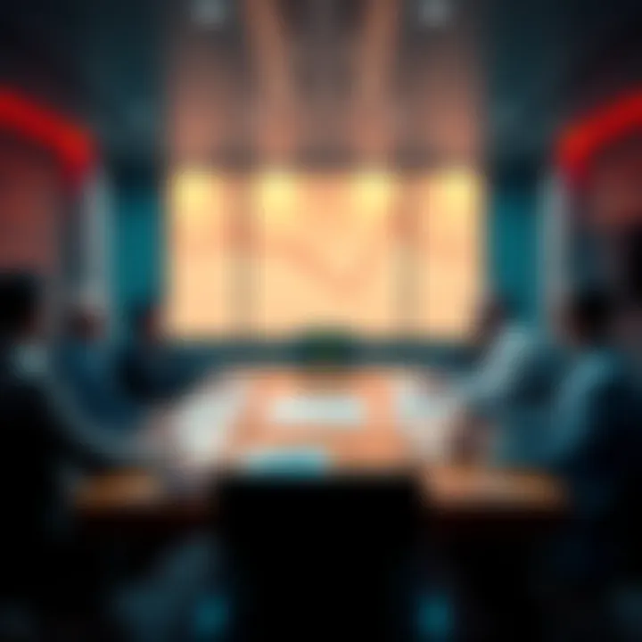 A meeting room with professionals discussing cryptocurrency regulation with charts and documents on the table.