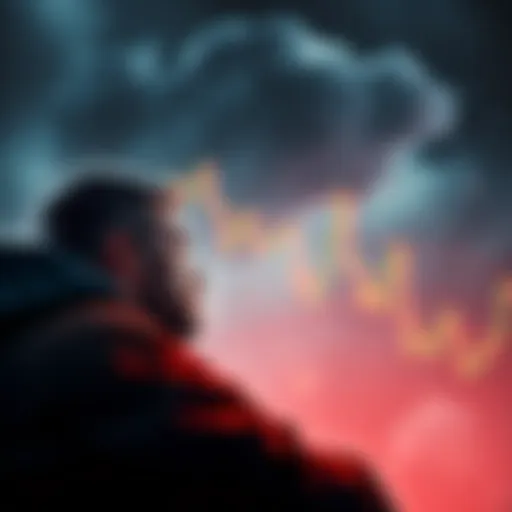 An anxious investor looking at a crypto market chart showing a decline, with a dark cloud overhead symbolizing fear of a bear market.