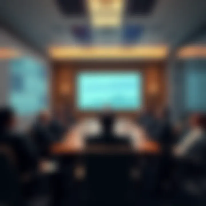 A group of professionals discussing economic strategies in a conference room with charts and graphs on the walls