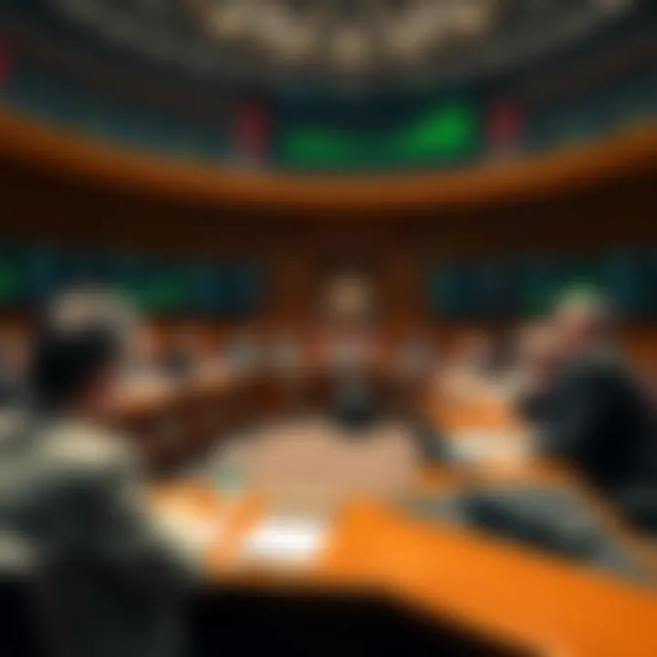 Federal Reserve officials discuss monetary policy at a meeting, with charts and financial data displayed on screens.