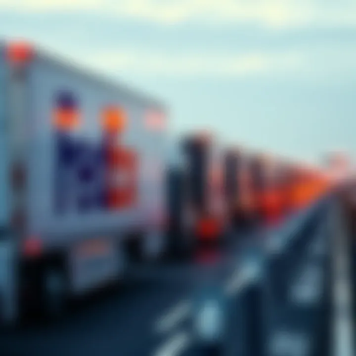 FedEx trucks on a busy road A line of FedEx trucks driving on a busy highway, showcasing increased visibility after the company's new council membership.