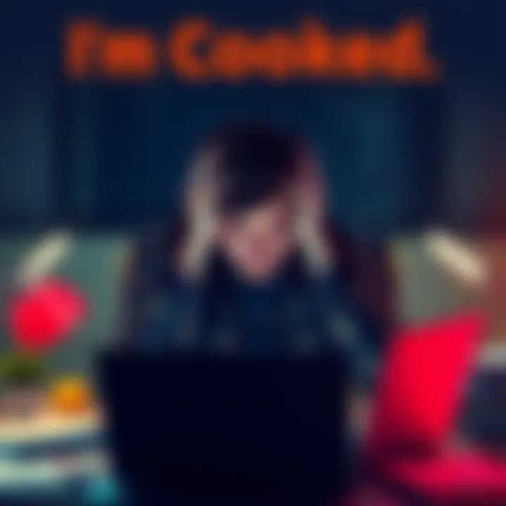 A person sitting at a desk with their head in their hands, surrounded by papers and a laptop, showing signs of stress and exhaustion.