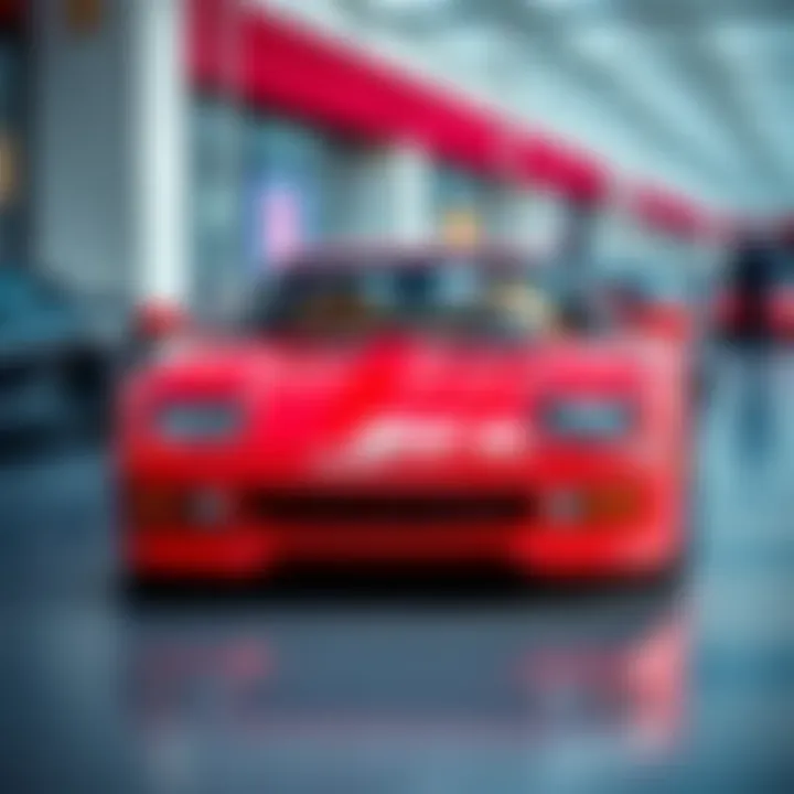 A shiny red Ferrari 348 parked at a car show, showcasing its sleek design and sporty features.
