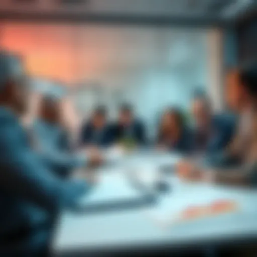 A group of businesspeople discussing challenges related to fiat transactions in a modern office setting, with charts and documents on the table.