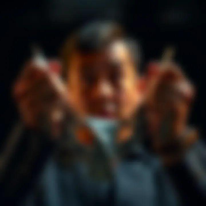A person looks frustrated while holding chains made of dollar bills, symbolizing the bondage of fiat currency. In the background, a Bitcoin logo shines brightly, representing financial freedom.