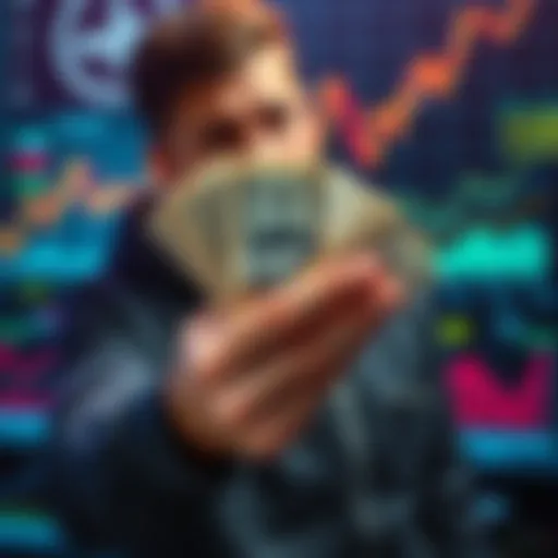 A person holding a handful of cash, looking concerned about money management issues, with a backdrop of financial charts and symbols representing the economy.