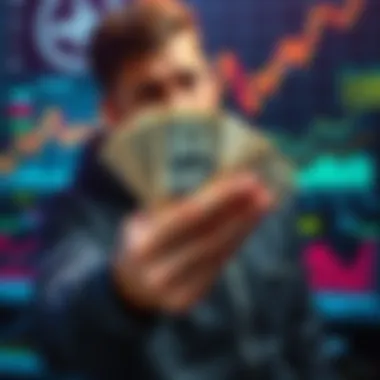 Fiat Currency Concept A person holding a handful of cash, looking concerned about money management issues, with a backdrop of financial charts and symbols representing the economy.
