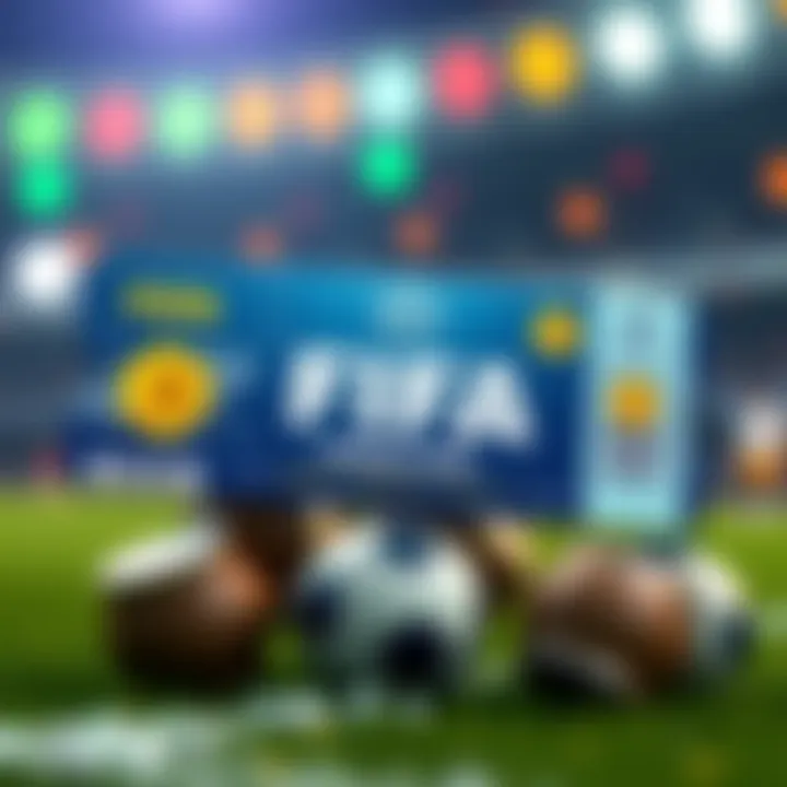 A graphic showing FIFA tickets with blockchain symbols and soccer elements, representing tokenized ticketing for the World Cup.