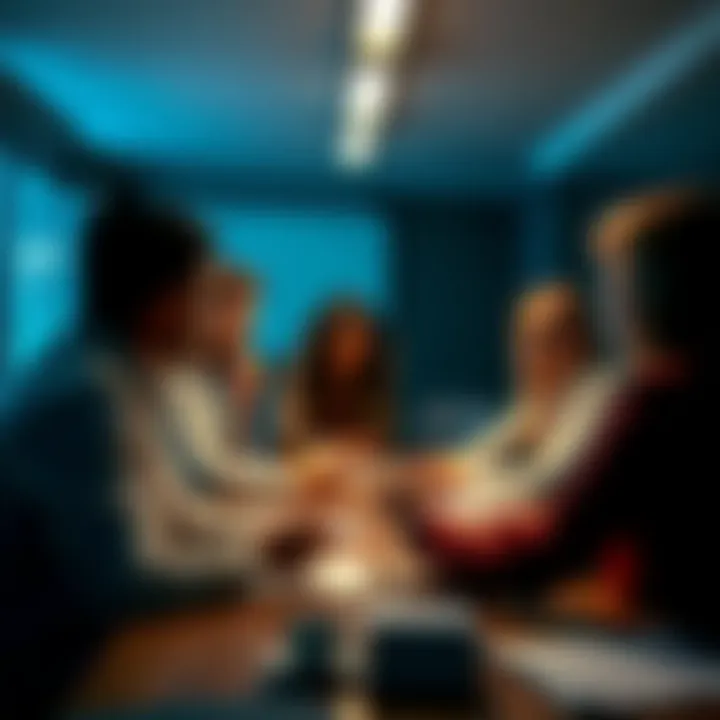 A group of people sharing contact information about scammers at a meeting