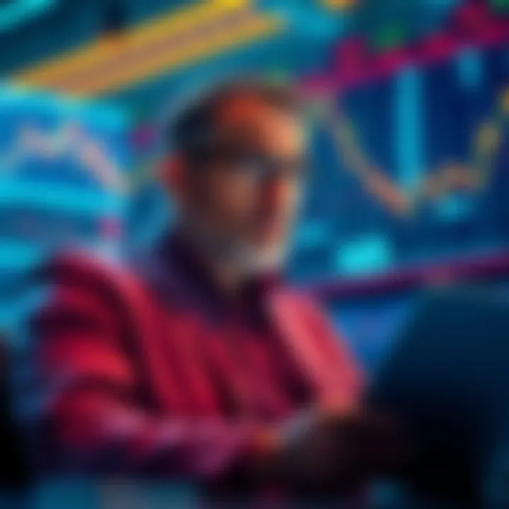 A finance expert looks concerned while reviewing stock charts, thinking about friends' crypto choices.