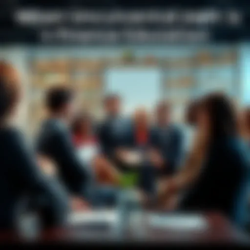 A diverse group of professionals discussing finance outside of a classroom setting, highlighting real-world experience over traditional degrees.