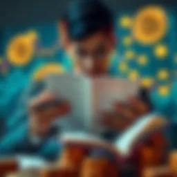 A person reading a book about monetary literacy with a focus on financial education, surrounded by charts and currency symbols.