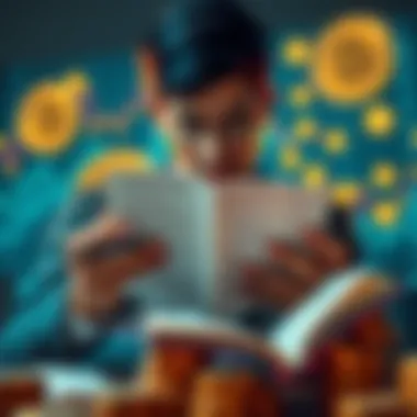 A person reading a book about monetary literacy with a focus on financial education, surrounded by charts and currency symbols.