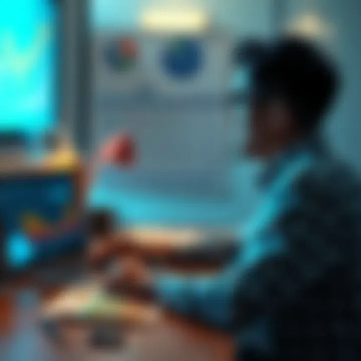 A person sitting at a desk with a laptop, looking at charts and financial documents, contemplating future investments after reaching their XRP goal.