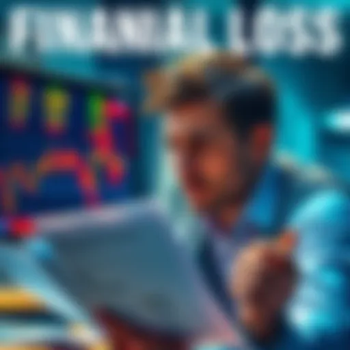 A person looking distressed while reviewing financial documents and a computer screen showing declining stock values.