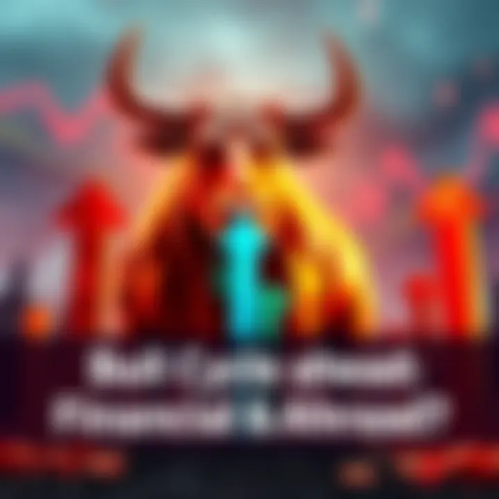 Financial Market Growth A bull representing financial growth stands tall with upward arrows symbolizing market increase, surrounded by dollar signs and charts.