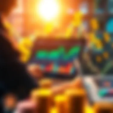 A person analyzing financial graphs and charts on a laptop with dollar signs in the background.