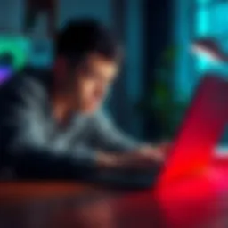 A person looking worried while reading financial advice on a laptop, with graphs and charts visible on the screen.