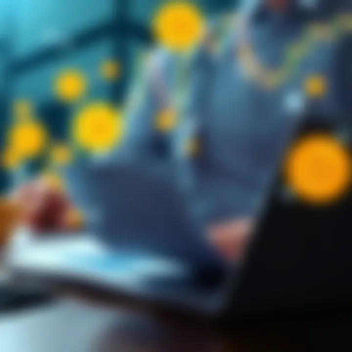 A person analyzing financial documents and a laptop, with Bitcoin symbols in the background, representing investment strategies and financial management.