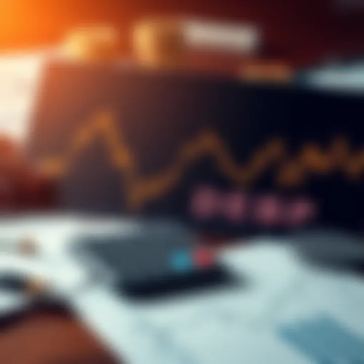 Financial strategies for Bitcoin drop A graph showing a downward trend in Bitcoin value, with financial documents and calculators around it, representing strategies to manage debt.