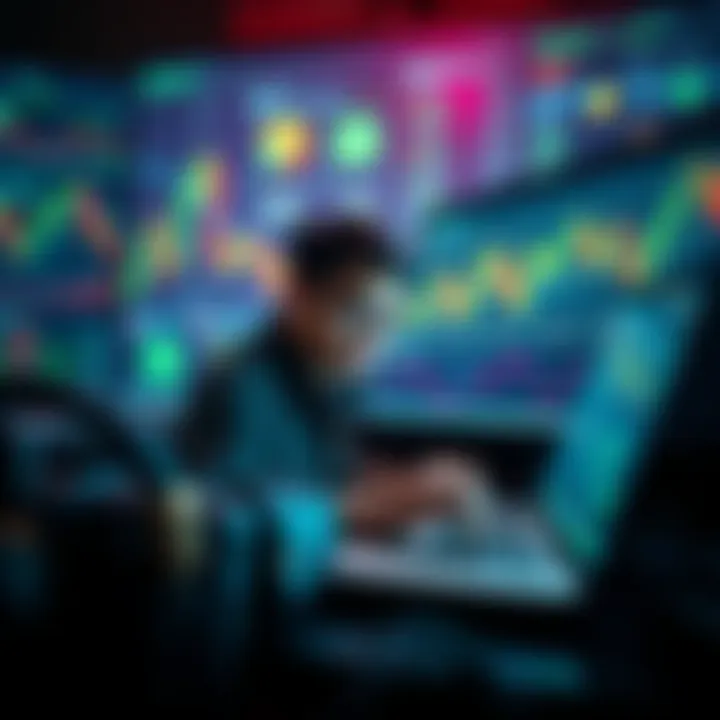 A person researching small-cap tokens on a laptop while surrounded by crypto charts and graphs