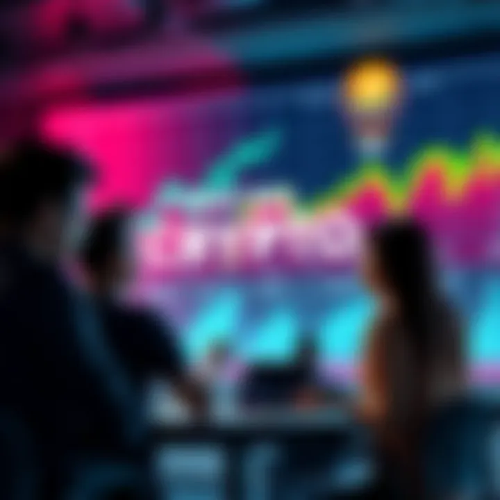 A group of people discussing cryptocurrency with charts and graphs in the background, highlighting authentic influencers in the crypto market.