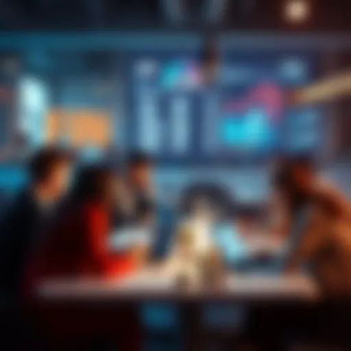 A group of people collaborating around a table with laptops, discussing creative names for their fintech hackathon team