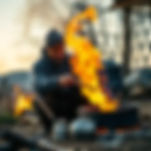 A person using traditional tools to create fire outdoors, showcasing techniques and skill involved in firemaking.